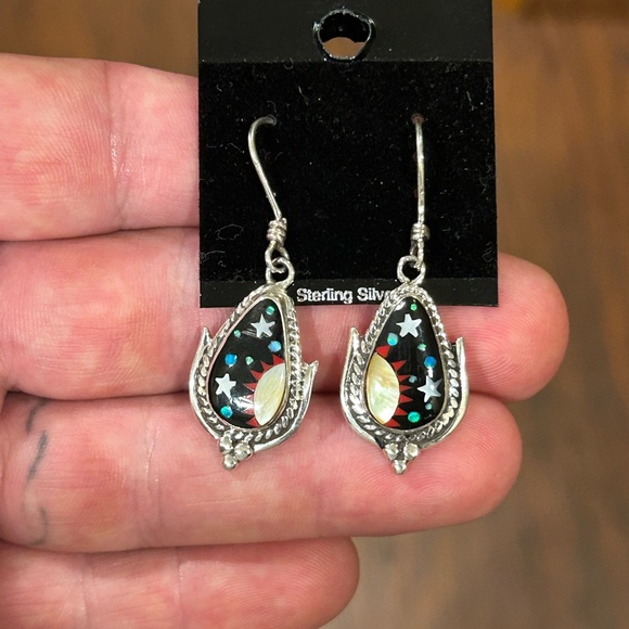 STERLING SILVER NATIVE AMERICAN INLAID CELESTIAL GALAXY CORN EARRINGS .925 - Picture 1 of 7
